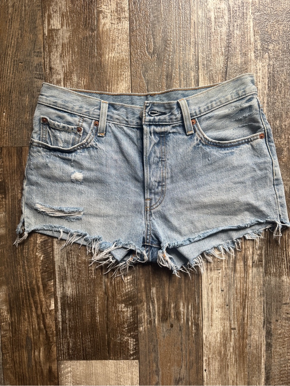 Levi 501 5 button fly Light Blue Distressed Denim Women's Shorts